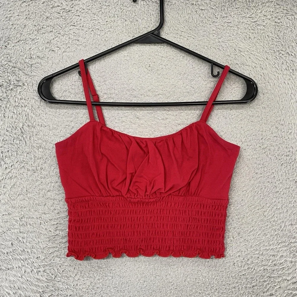 Hollister Crop Tank Size Small Red Smocked Lettuce Hem Crop Ruffle Valentines